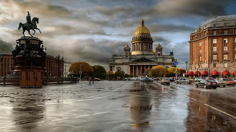 city, monument, cathedral, saint petersburg, area, rain, russia, HD wallpaper