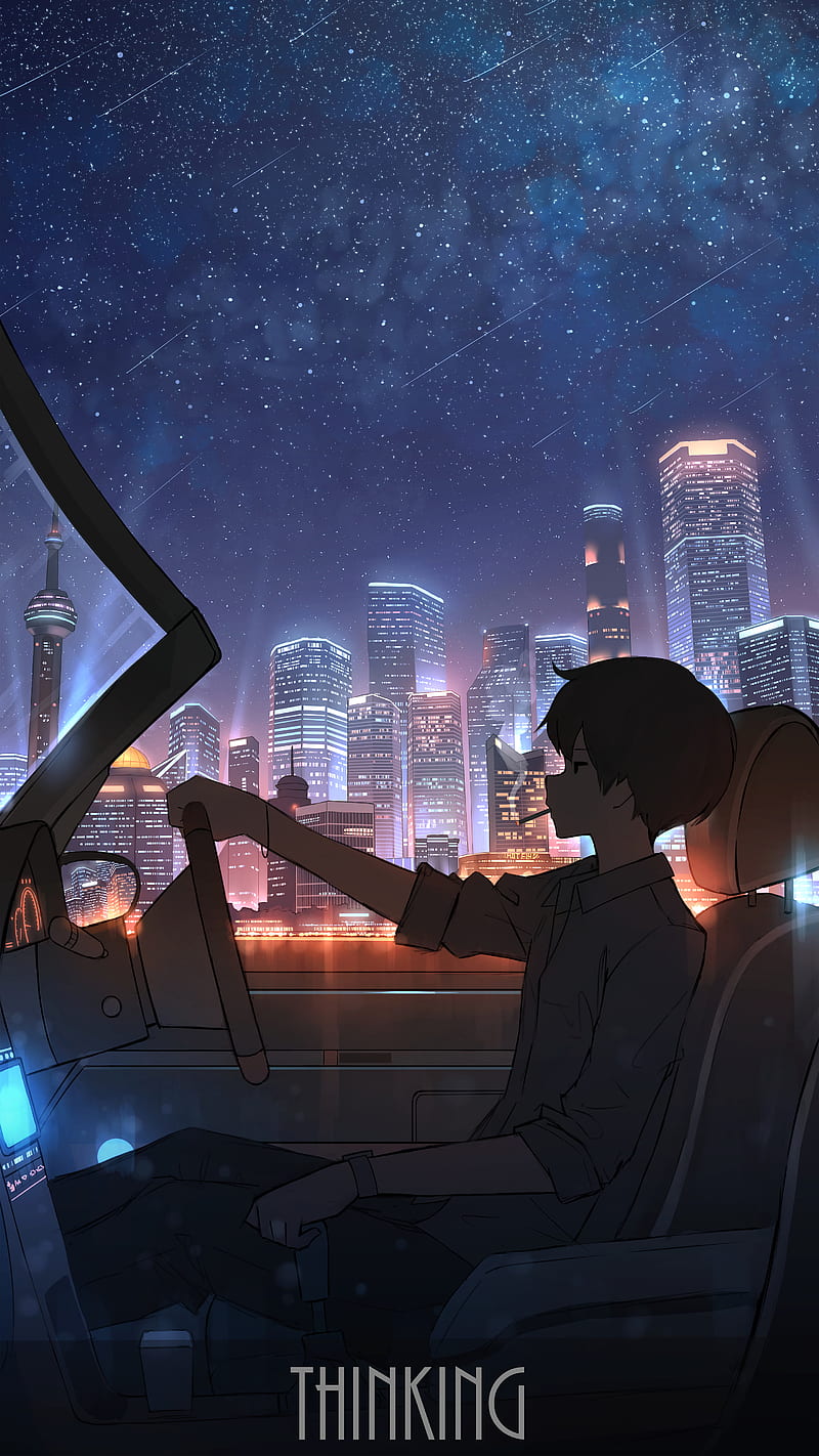Anime boy, animeted boy, art, car, city, nature, night, theme, HD phone wallpaper
