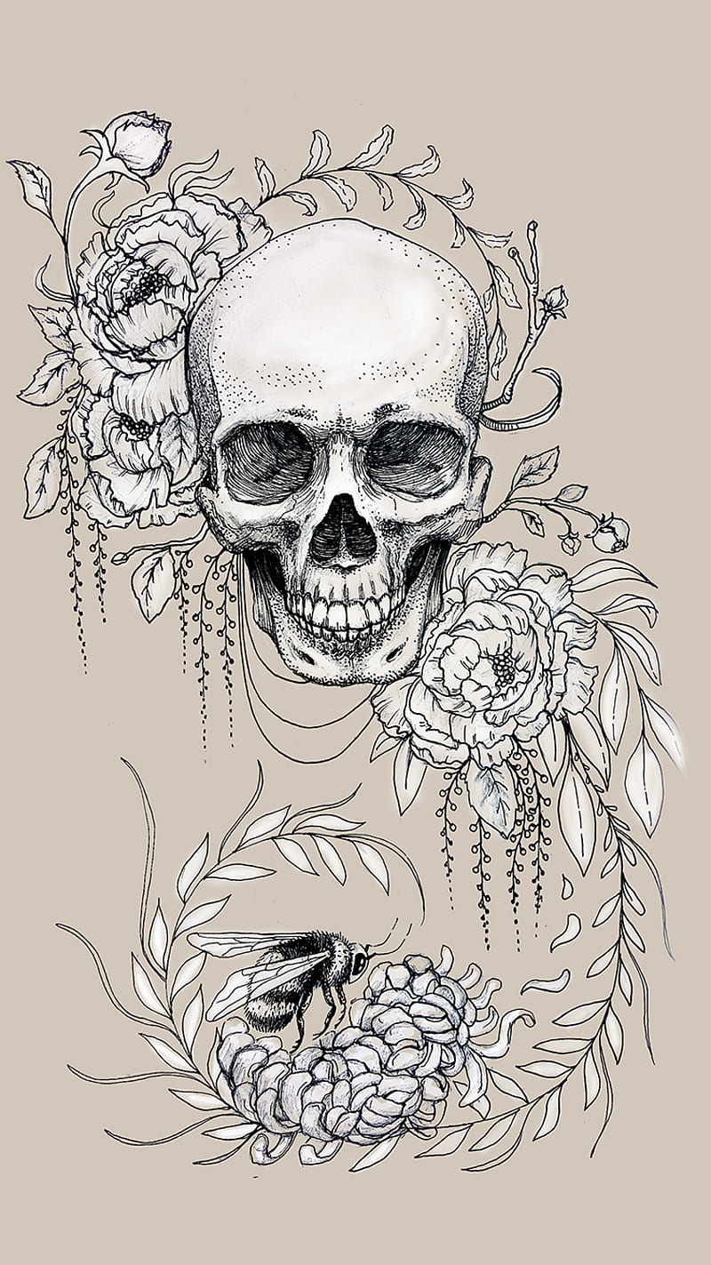 Skull Flowers Tattoo, art, cool, desenho, hipster, ink, punk, tat, tattooed, tat, HD phone wallpaper