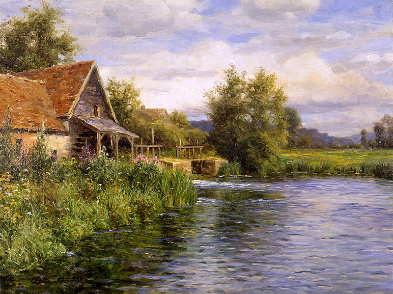 Cottage by the river, by Louis Aston Knight, art, tree, cottage, paintingt, river, louis aston kniht, HD wallpaper