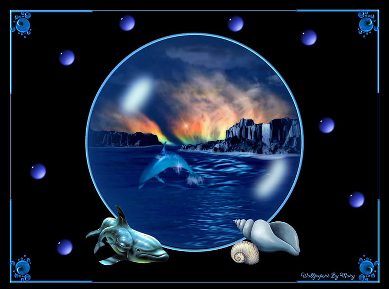 Ocean Scene In A Bubble 1600x1200, Water, Dolphins, Oceans, Seas, Shells, MarineLife, HD wallpaper