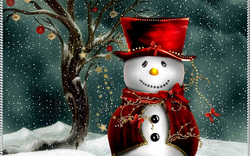 Christmas Snowman, Red, Hat, Christmas, Buttons, Snowman, Tree, HD wallpaper
