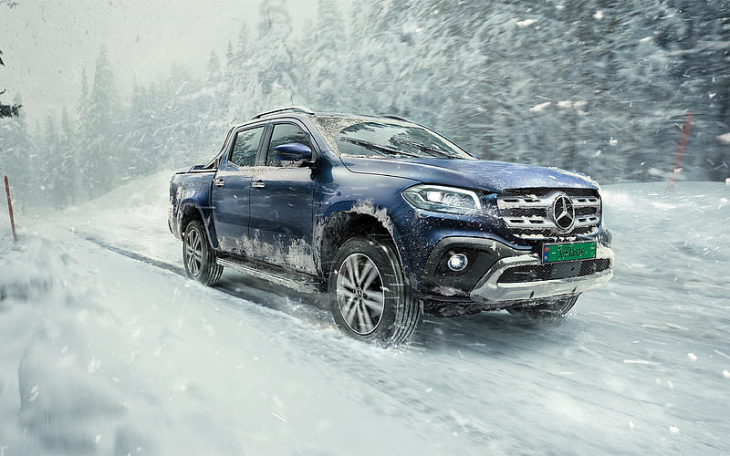 Mercedes-Benz X-Class, 2018, blue SUV, pick-up, winter, snow, blue, riding on snow X-Class, Mercedes, HD wallpaper