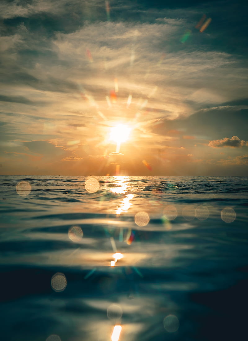 sun, glare, light, water, sea, HD phone wallpaper