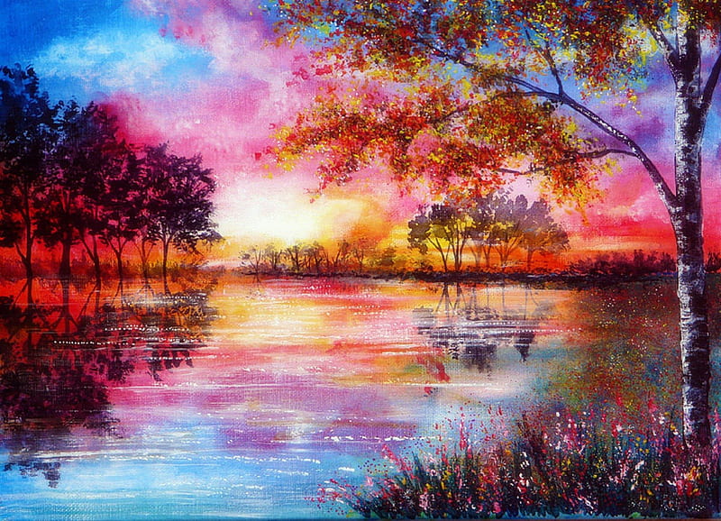 A Moment in Time, pretty, attractions in dreams, bonito, paintings, landscapes, flowers, forests, scenery, traditional art, lakes, lovely, colors, love four seasons, creative pre-made, trees, cool, plants, nature, reflections, HD wallpaper