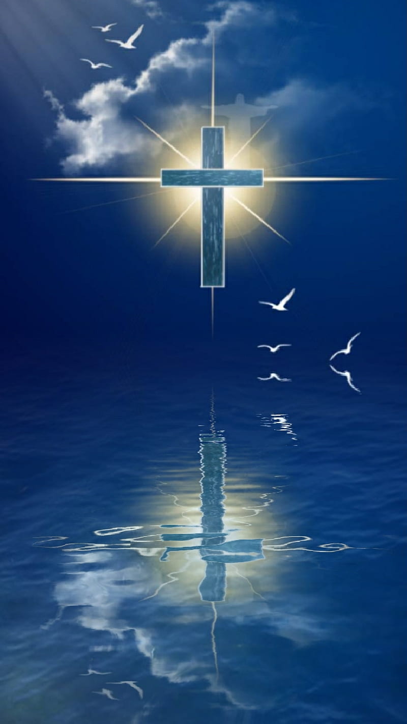 Recollections, birds, blue, church, cross, dove, light, reflection, religious, spiritual, water, HD phone wallpaper