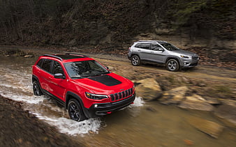 Jeep Cherokee, offroad, 2018 cars, river, red Cherokee, american cars, silver Cherokee, SUVs, Jeep, HD wallpaper