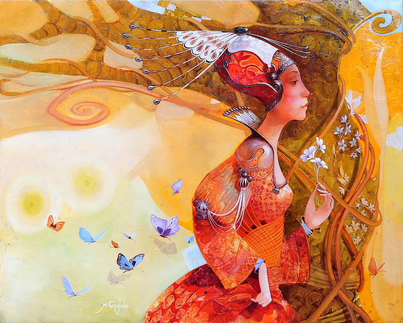 Spring, orange, girl, butterfly, yellow, surreal, merab gagiladze, art, painting, pictura, HD wallpaper