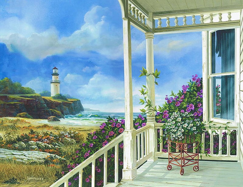 Distant Dreams, veranda, view, painting, artwork, lighthouse, sea, landscape, HD wallpaper
