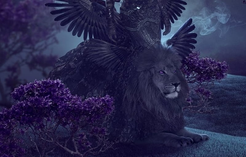 Master of monsters, purple, monster, nathalia suellen, creature, blue, lion, wings, luminos, leu, fantasy, HD wallpaper