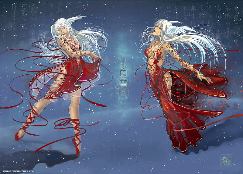 anime girl in a long red dress