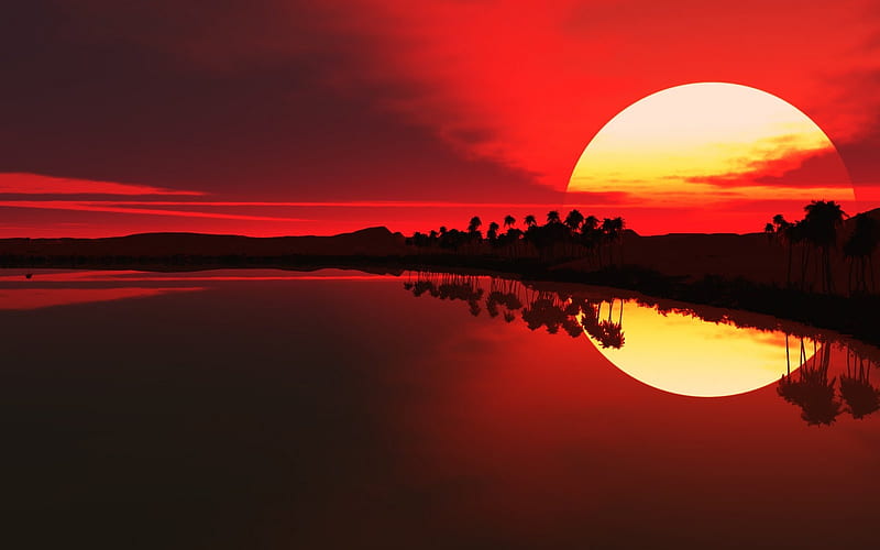 Beautiful sunset, Water, Trees, Red, Sun, HD wallpaper