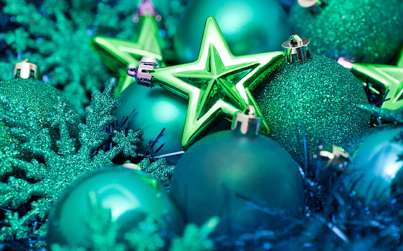 green Christmas balls Christmas decorations, stars, Happy New Year, 2018, Christmas, HD wallpaper