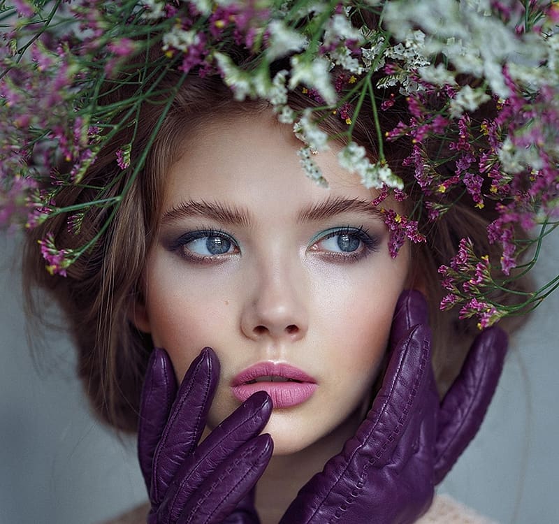 Beauty, alexey kazantsev, purple, model, woman, girl, face, glove, flower, HD wallpaper