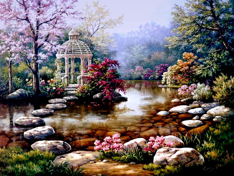 EDENS GARDEN, pond, sung kim, house, stones, painting, flowers, path, garden, HD wallpaper