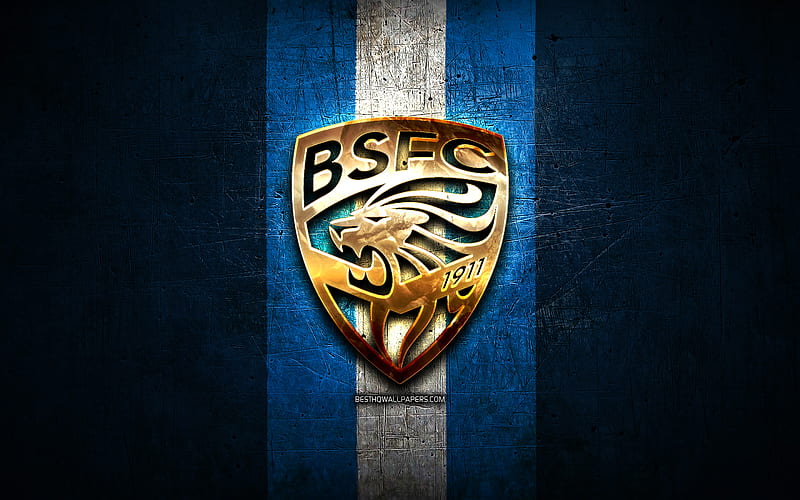 Brescia FC, golden logo, Serie A, blue metal background, football, Brescia Calcio, italian football club, Brescia logo, soccer, Italy, HD wallpaper