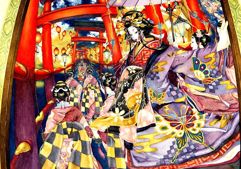 Geishas, red, oiran, manga, yellow, kimono, geisha, water color, butterfly, girl, anime, painting, shuka taupe, HD wallpaper