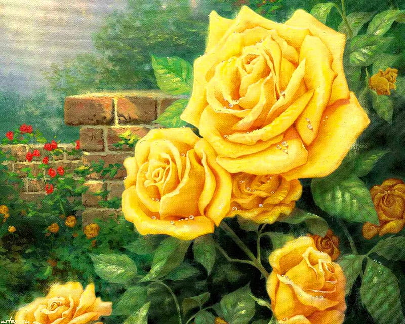 Yellow roses, fence, pretty, sunny, yellow, bonito, leaves, nice, bush, painting, flowers, art, lovely, park, roses, yard, rays, summer, garden, HD wallpaper