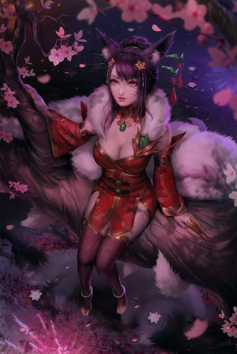 Ahri (League of Legends), League of Legends, video games, video game characters, video game girls, fox girl, foxy ears, tail, fantasy girl, red eyes, looking up, bokeh, high angle, cherry blossom, flowers, sitting, cleavage, kimono, detached sleeves, thigh-highs, hair accessories, vertical, artwork, drawing, digital art, fan art, Zarory, HD phone wallpaper