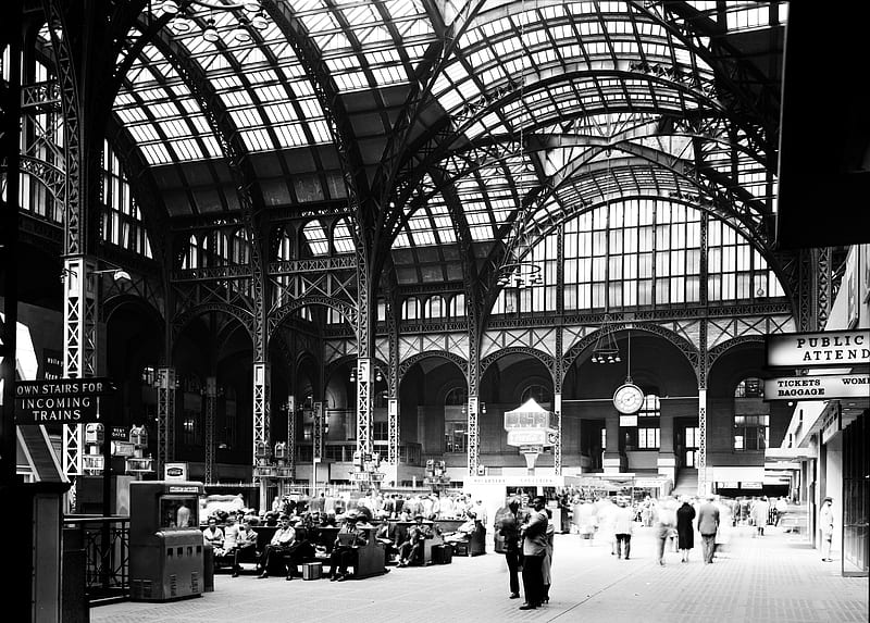 Original Penn Station, new york, pennsylvania, trains, station, black, penn, white, HD wallpaper