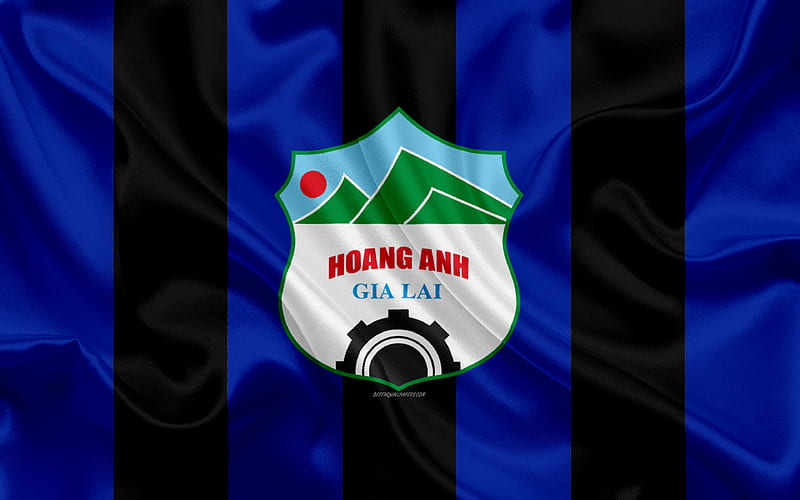 Hoang Anh Gia Lai FC logo, silk texture, Vietnamese football club, emblem, blue black silk flag, V-League 1, Pleiku, Vietnam, football, HD wallpaper