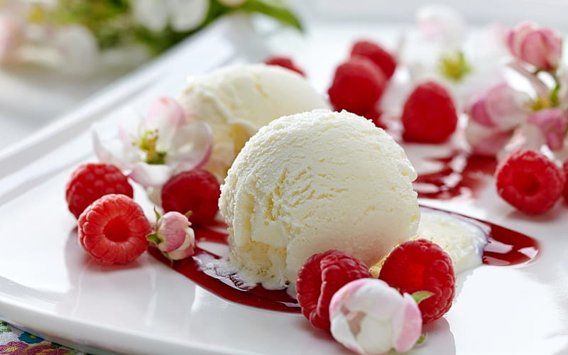 Ice cream, fod, sweet, dessert, fruit, ice cream red, summer, raspberry, white, vanilla, HD wallpaper