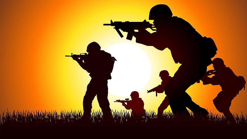 Silhouette Of Soldiers With Machine Gun Indian Army, HD wallpaper