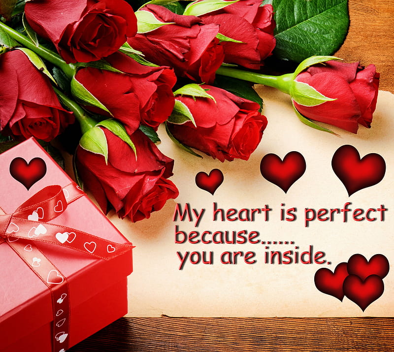 Perfect Heart, box, heart, corazones, love, my, perfect, red, romantic, roses, saying, HD wallpaper