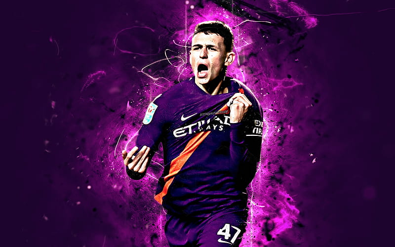 Phil Foden, violet uniform, English footballer, Manchester City FC, soccer, Foden, Premier League, Man City, neon lights, HD wallpaper