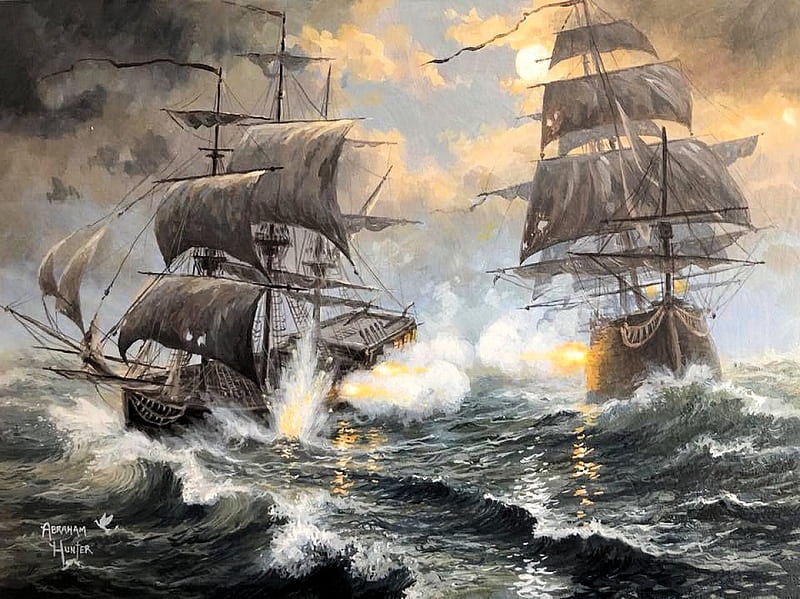 Battle on the High Seas, ships, waves, artwork, sailships, painting, HD wallpaper