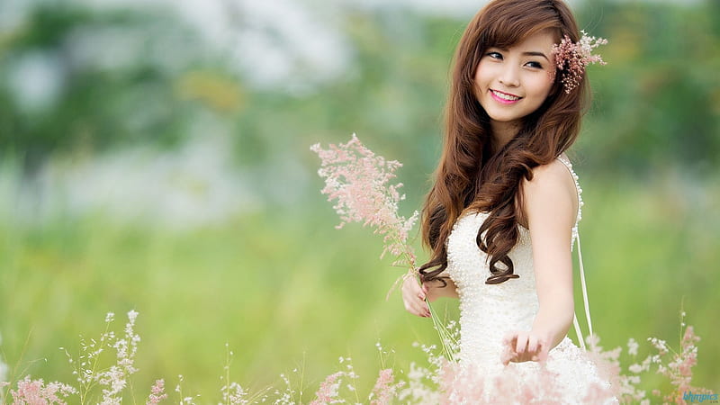 cute asian girl, brunette, girl, grass, flower, asian, HD wallpaper
