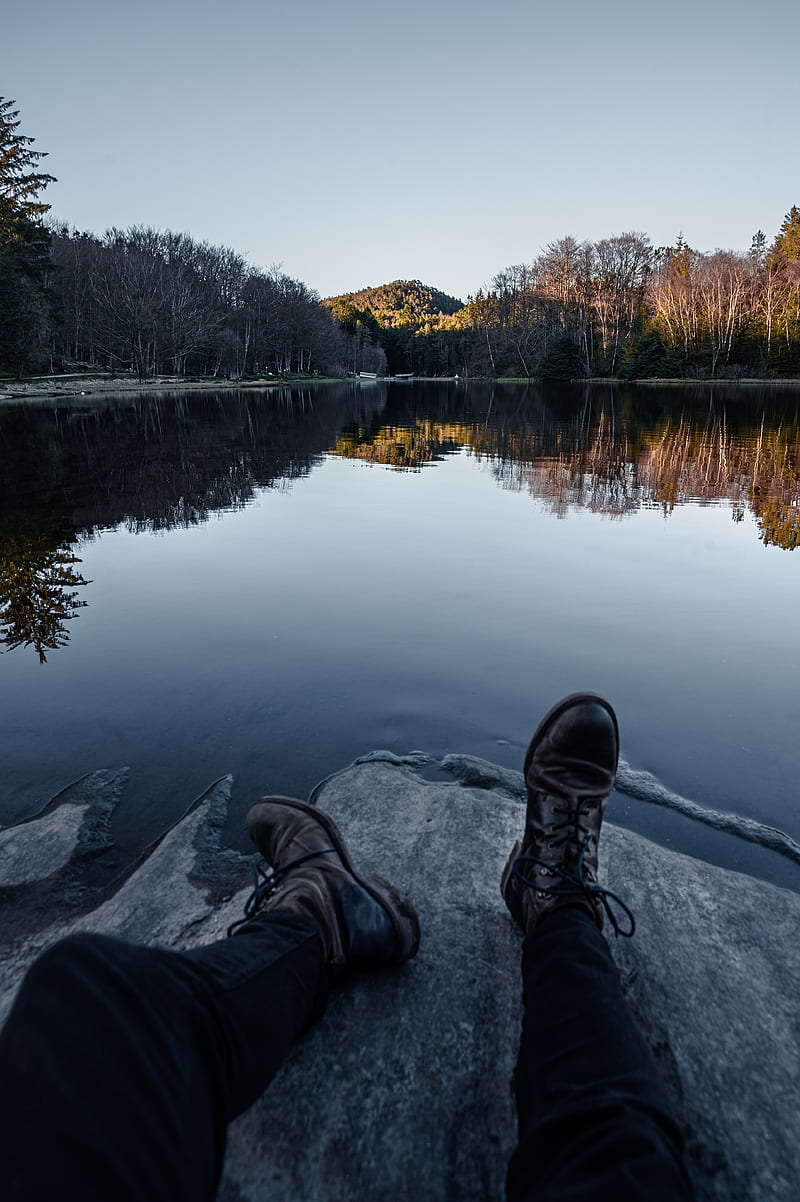 boots, legs, lake, reflection, HD phone wallpaper