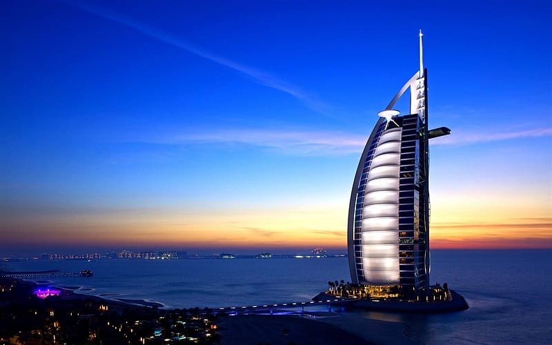 Burj Al Arab, Dubai, UAE, evening, sunset, luxury hotel, United Arab Emirates, address Burj Al Arab Jumeirah Street, HD wallpaper
