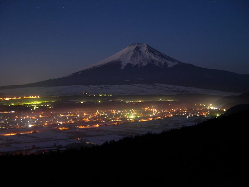 City Lights, mountain, japan, city, scenery, fuji, lights, night, HD wallpaper