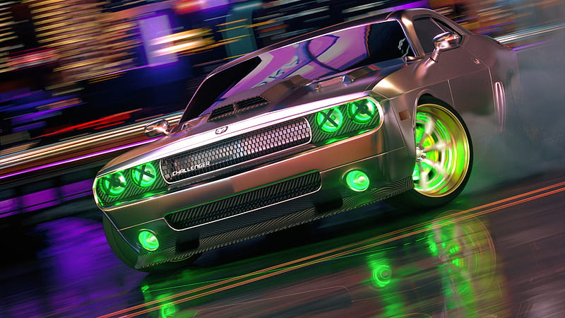 Dodge Challenger Neon Wheels , dodge-challenger, dodge, carros, artist, artwork, digital-art, neon, HD wallpaper