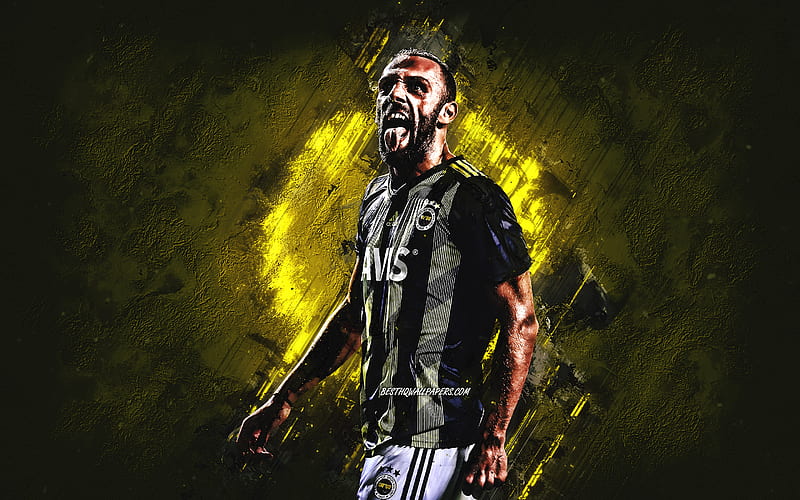 Vedat Muriqi, Fenerbahce, Kosovar professional footballer, portrait, Turkish Super League, yellow stone background, HD wallpaper