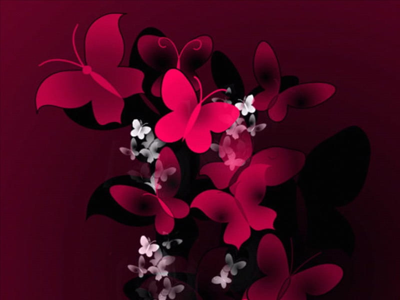 Drenched In Scarlet, red, colorful, scarlet, bright, flowers, butterflies, white, HD wallpaper