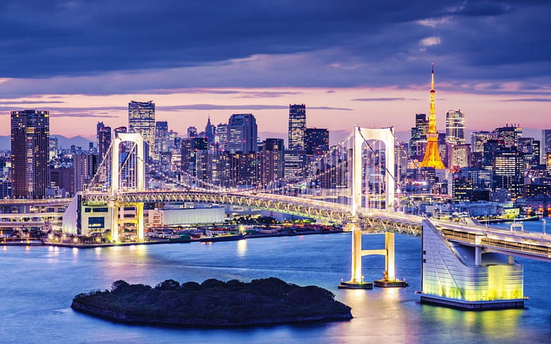 Tokyo, japan, city, japanese, bridge, sky, odaiba, scenery, lake, HD wallpaper