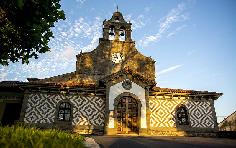 Church in Spain, Spain, church, tower, bells, clock, HD wallpaper