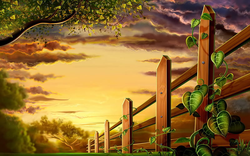 Rustic Fence, architecture, sun, grass, orange, birch, yellow, boa, clouds, nice, wood, sunrises, art, rustic, paint, windows7, houses, sky, abstract, trees, timber, cool, windows 7, awesome, fence, brown, country side, farms, beautiful grasslands, leaves, green, sunsets, painting, amazing, raft, leaf, vine, 3d, plants, nature, HD wallpaper