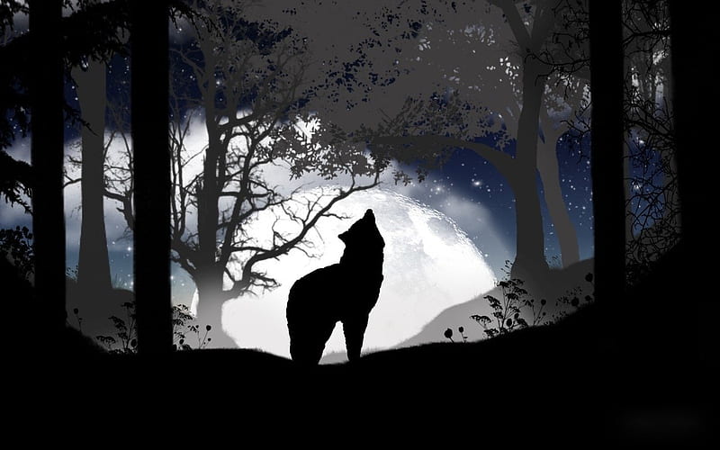WOLF MOONLIGHT, forest, moonlight, wolf, trees, howling, night, HD wallpaper