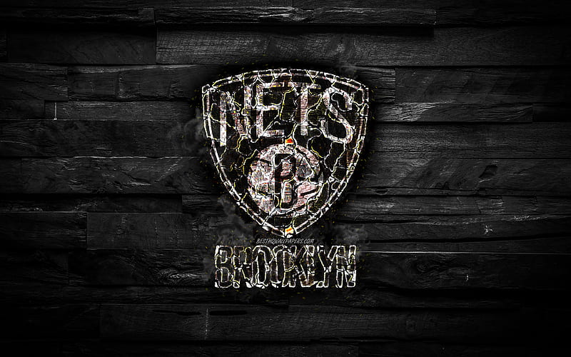 Brooklyn Nets scorched logo, NBA, black wooden background, american basketball team, Eastern Conference, grunge, basketball, Brooklyn Nets logo, fire texture, USA, HD wallpaper
