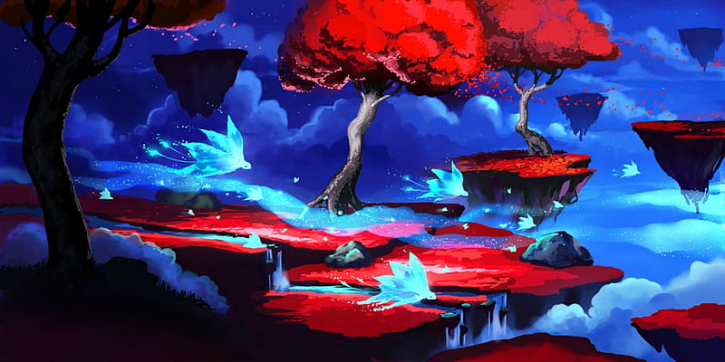 World is breaking, red, art, tree, fantasy, butterfly, luminos ...