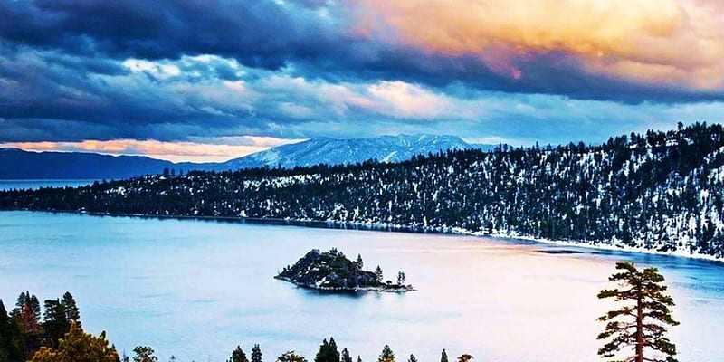 Lake Tahoe in Late Winter, emerald bay, snow, trees, clouds, sky, HD wallpaper