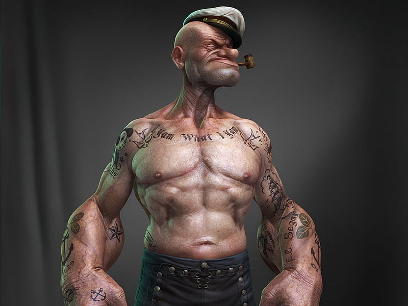 Popeye, tattoos, jeans, man, muscles, pipe, HD wallpaper | Peakpx