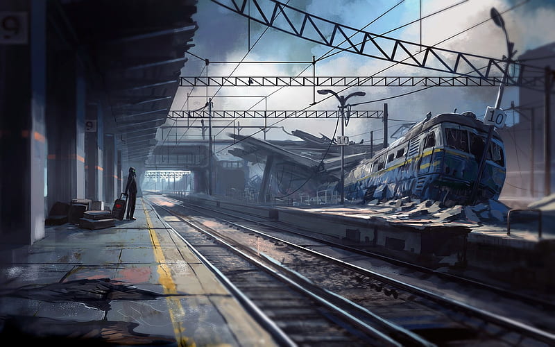 wrecked train, apocalypse, train station, artwork, Sci-fi, HD wallpaper