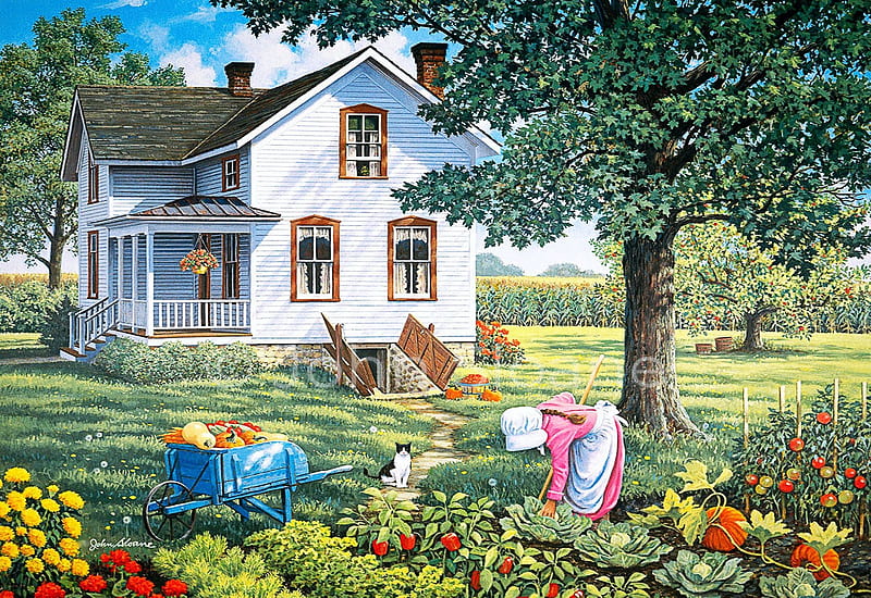 Farmer's Daughter, vegetables, house, painting, garden, trees, flowers, girl, HD wallpaper