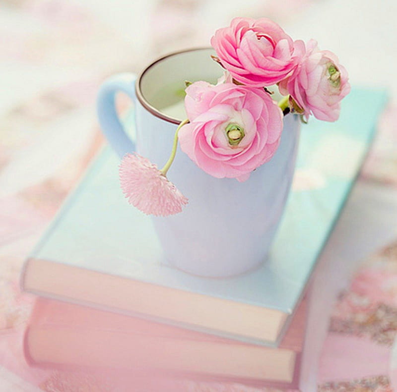 Books, flowers, soft, pink, bok, HD wallpaper