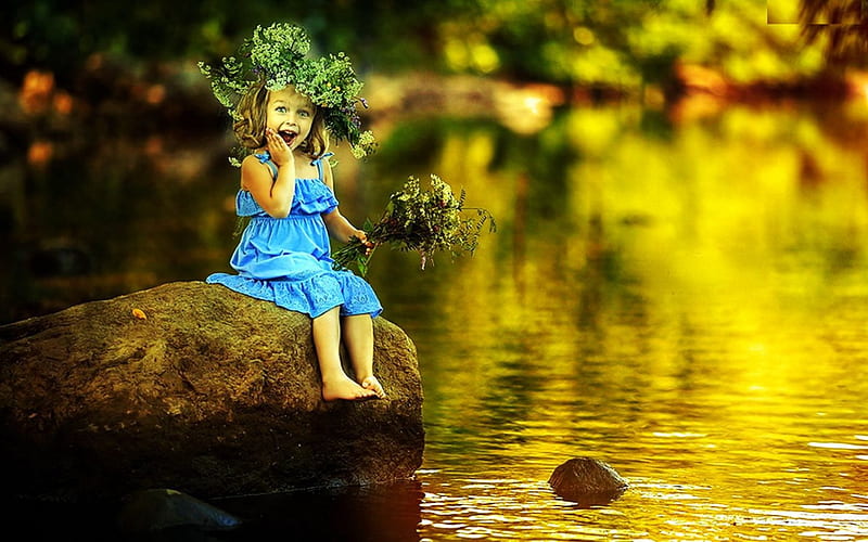 Playing at the Riverside, water, child, reflection, stone, HD wallpaper