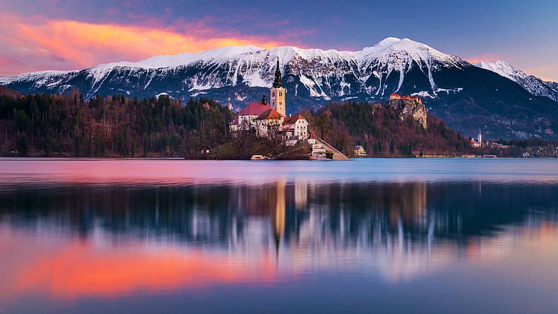 Lake Bled, Slovenia, island, clouds, sky, water, mountains, church, sunset, reflections, colors, HD wallpaper